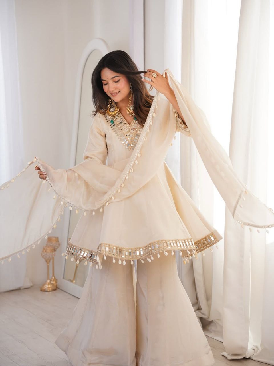 IVORY COLOR CHINON SILK BASE SHARARA SET OF 3
