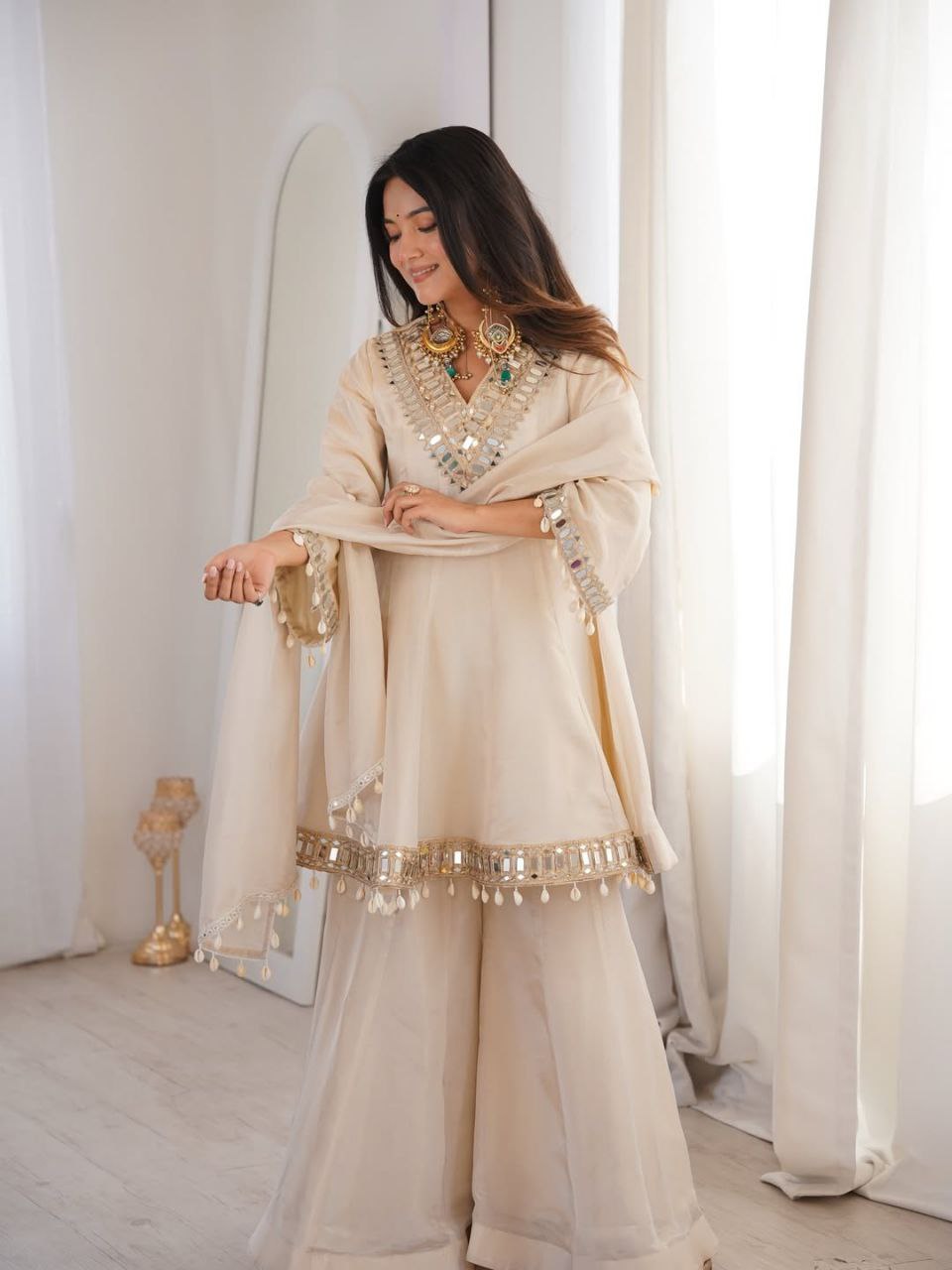 IVORY COLOR CHINON SILK BASE SHARARA SET OF 3