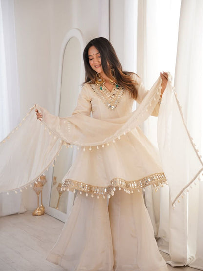 IVORY COLOR CHINON SILK BASE SHARARA SET OF 3