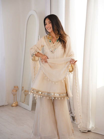 IVORY COLOR CHINON SILK BASE SHARARA SET OF 3