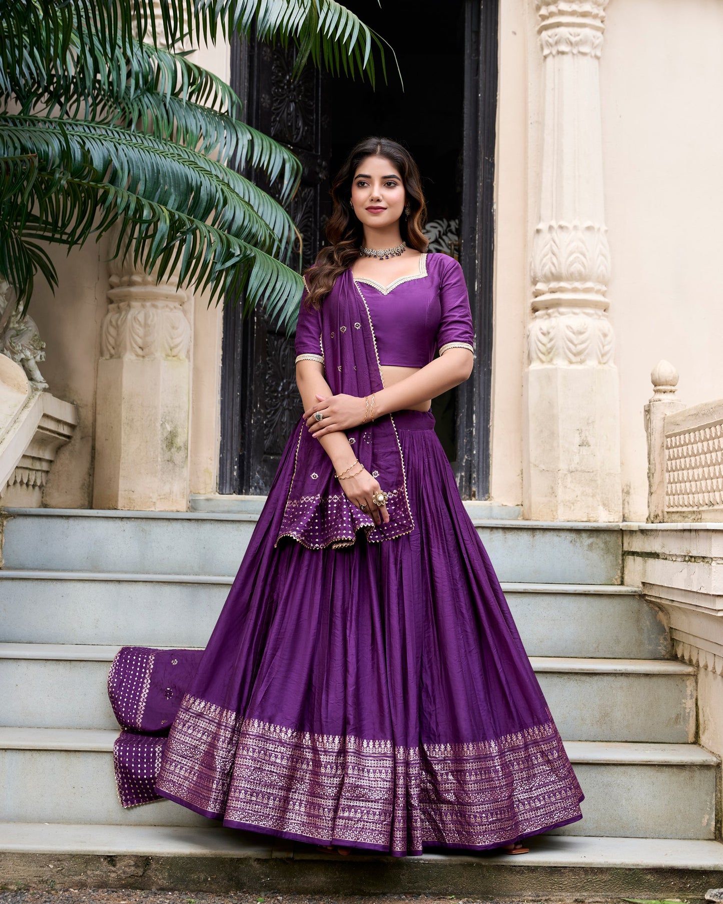DEEP PURPLE COLOR CLASSIC SOUTH INDIAN LOOK CHANDERI SILK LEHENGA
