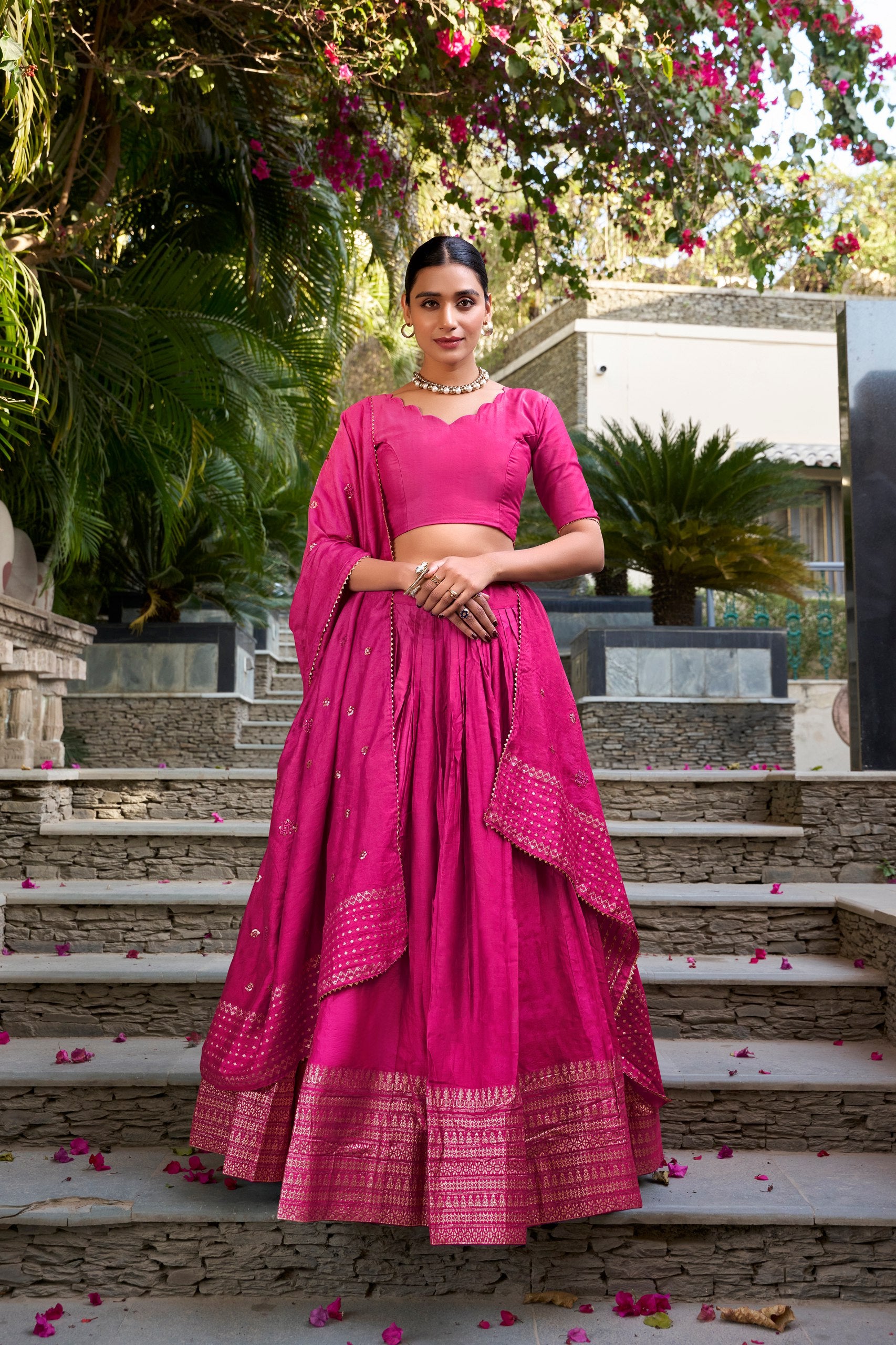 PINK COLOR CLASSIC SOUTH INDIAN LOOK CHANDERI SILK LEHENGA