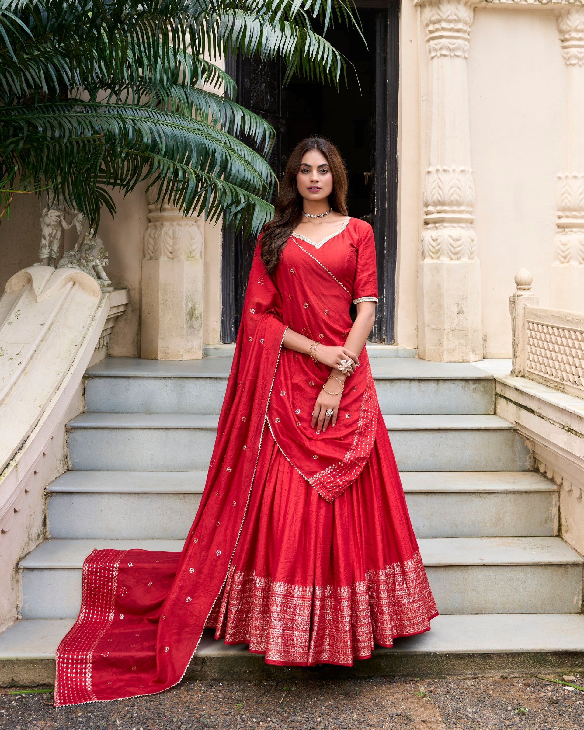 RED COLOR CLASSIC SOUTH INDIAN LOOK CHANDERI SILK LEHENGA