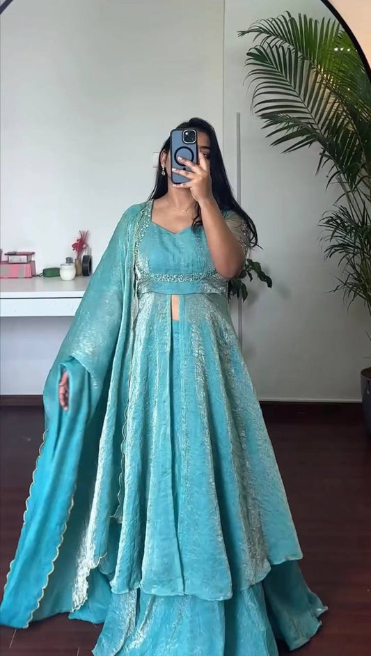 AQUA BLUE COLOR FENDY SILK BASE FRONT SLIT ANARKALI SUIT SET