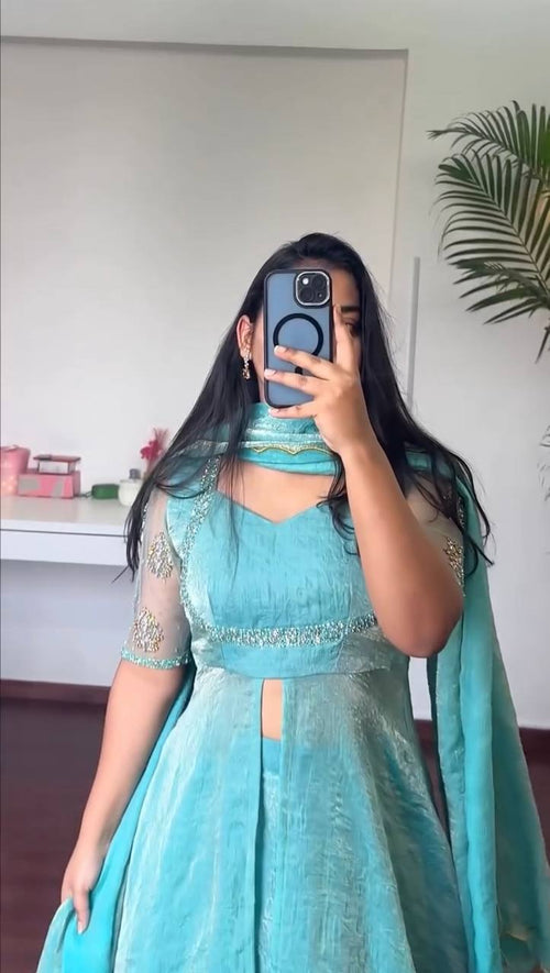 AQUA BLUE COLOR FENDY SILK BASE FRONT SLIT ANARKALI SUIT SET