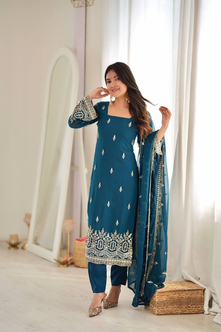 RAMA BLUE HAND WORK & THREAD WORK GEORGETTE DESIGNER STRAIGHT SUIT SET