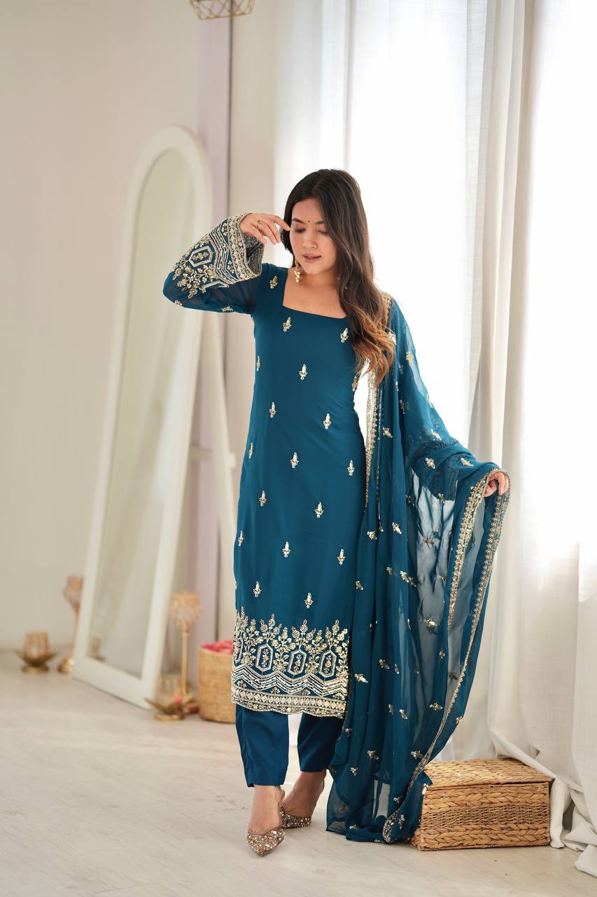 RAMA BLUE HAND WORK & THREAD WORK GEORGETTE DESIGNER STRAIGHT SUIT SET