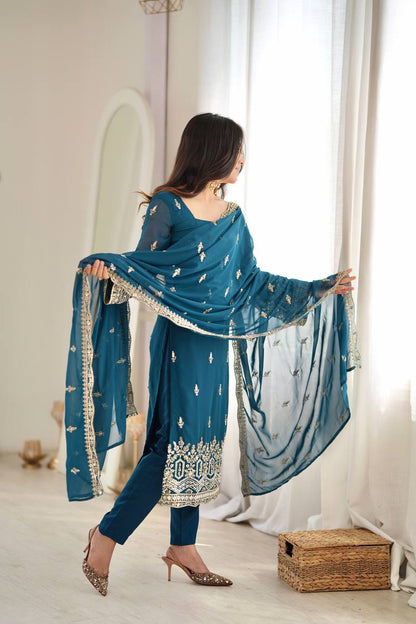 RAMA BLUE HAND WORK & THREAD WORK GEORGETTE DESIGNER STRAIGHT SUIT SET
