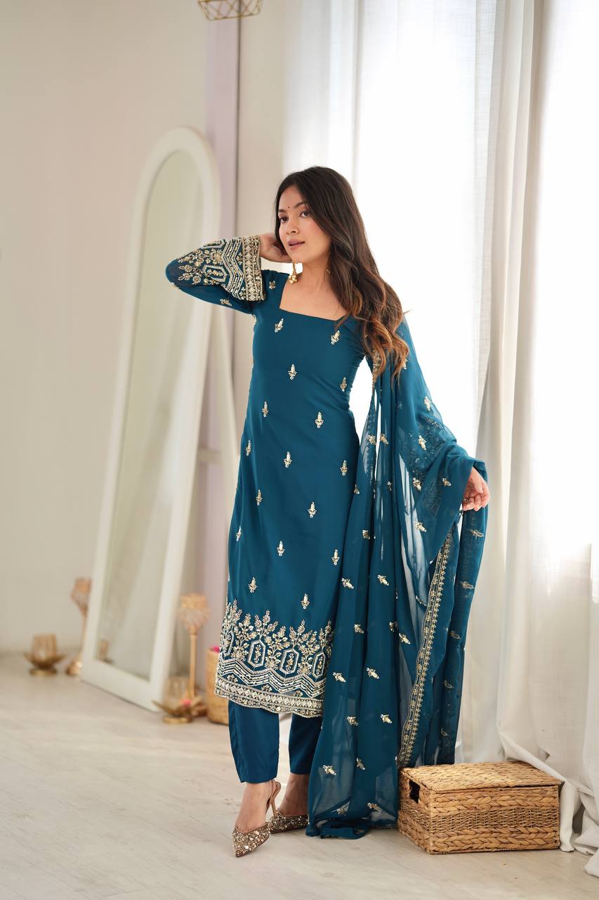 RAMA BLUE HAND WORK & THREAD WORK GEORGETTE DESIGNER STRAIGHT SUIT SET