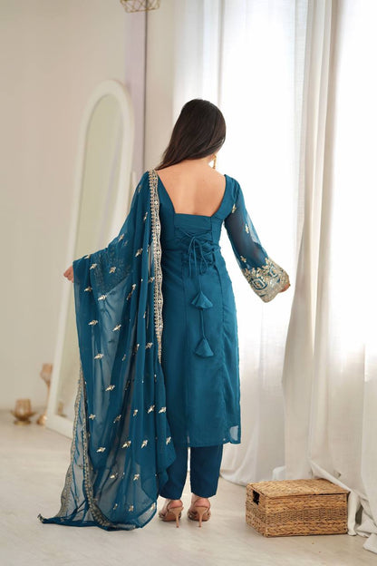 RAMA BLUE HAND WORK & THREAD WORK GEORGETTE DESIGNER STRAIGHT SUIT SET