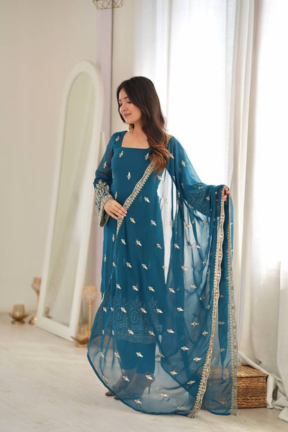 RAMA BLUE HAND WORK & THREAD WORK GEORGETTE DESIGNER STRAIGHT SUIT SET