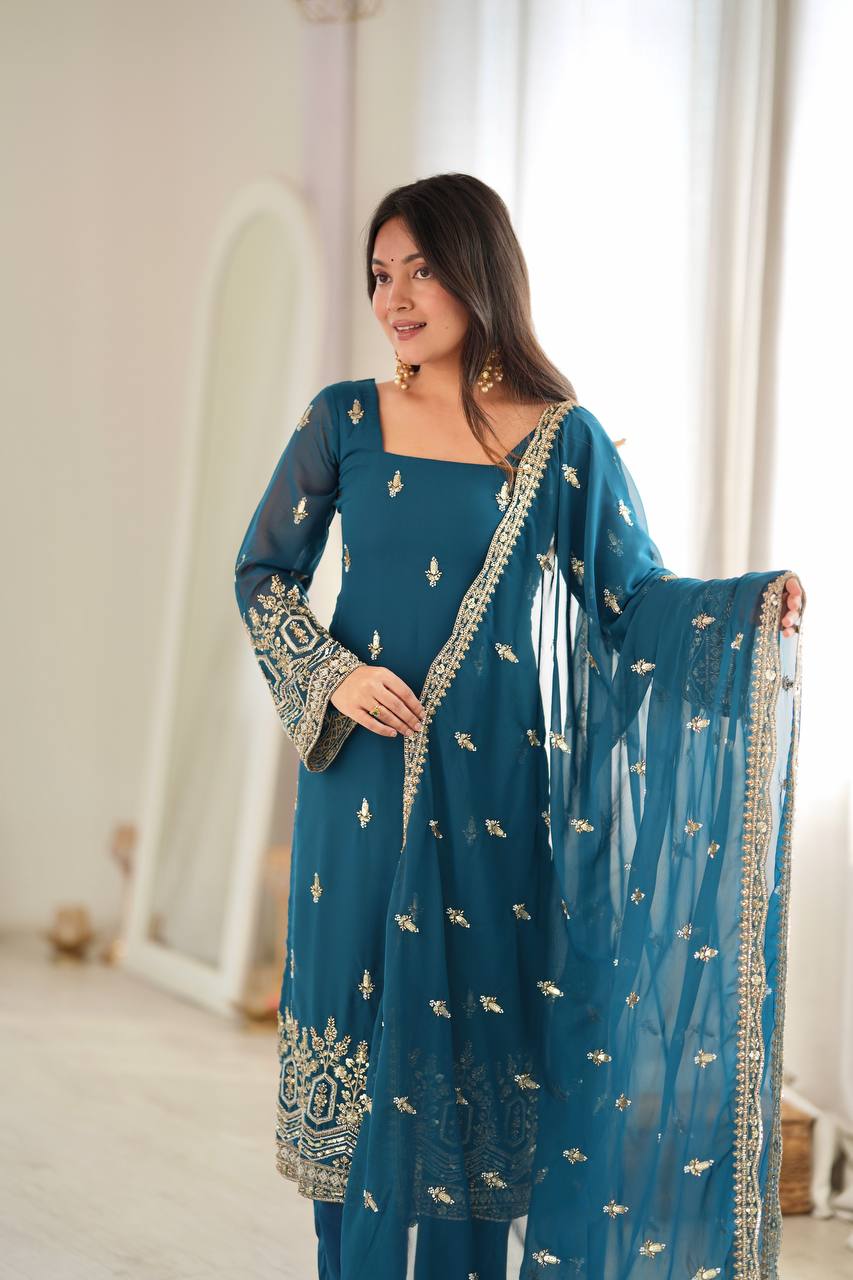 RAMA BLUE HAND WORK & THREAD WORK GEORGETTE DESIGNER STRAIGHT SUIT SET