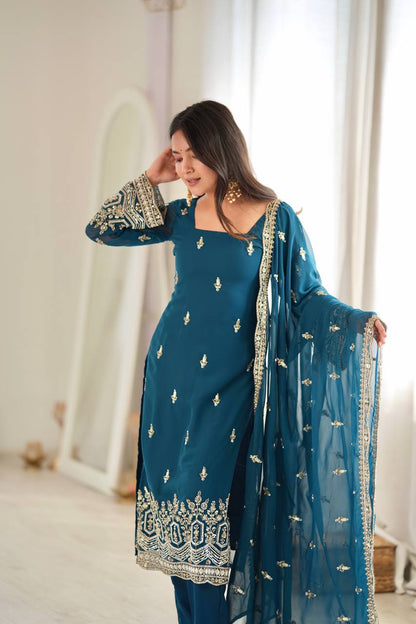 RAMA BLUE HAND WORK & THREAD WORK GEORGETTE DESIGNER STRAIGHT SUIT SET