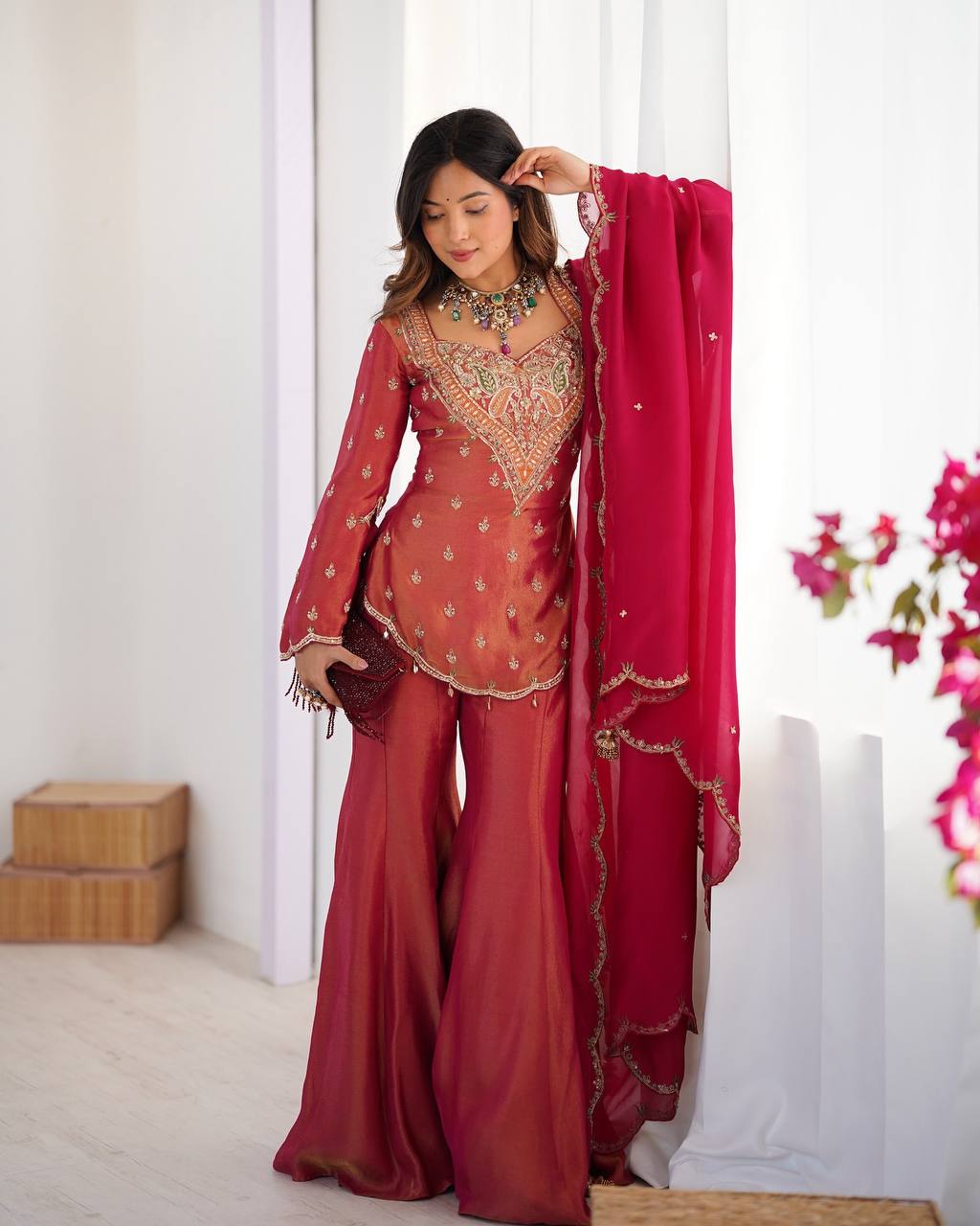 SHIMMER SILK BASE EMBROIDERED PLAZZO SUIT SET OF 3