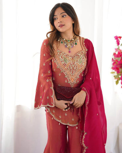 SHIMMER SILK BASE EMBROIDERED PLAZZO SUIT SET OF 3