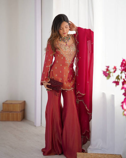 SHIMMER SILK BASE EMBROIDERED PLAZZO SUIT SET OF 3