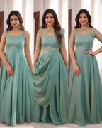 SEA GREEN 3 IN 1 STYLE EMBROIDERED FLARED GOWN