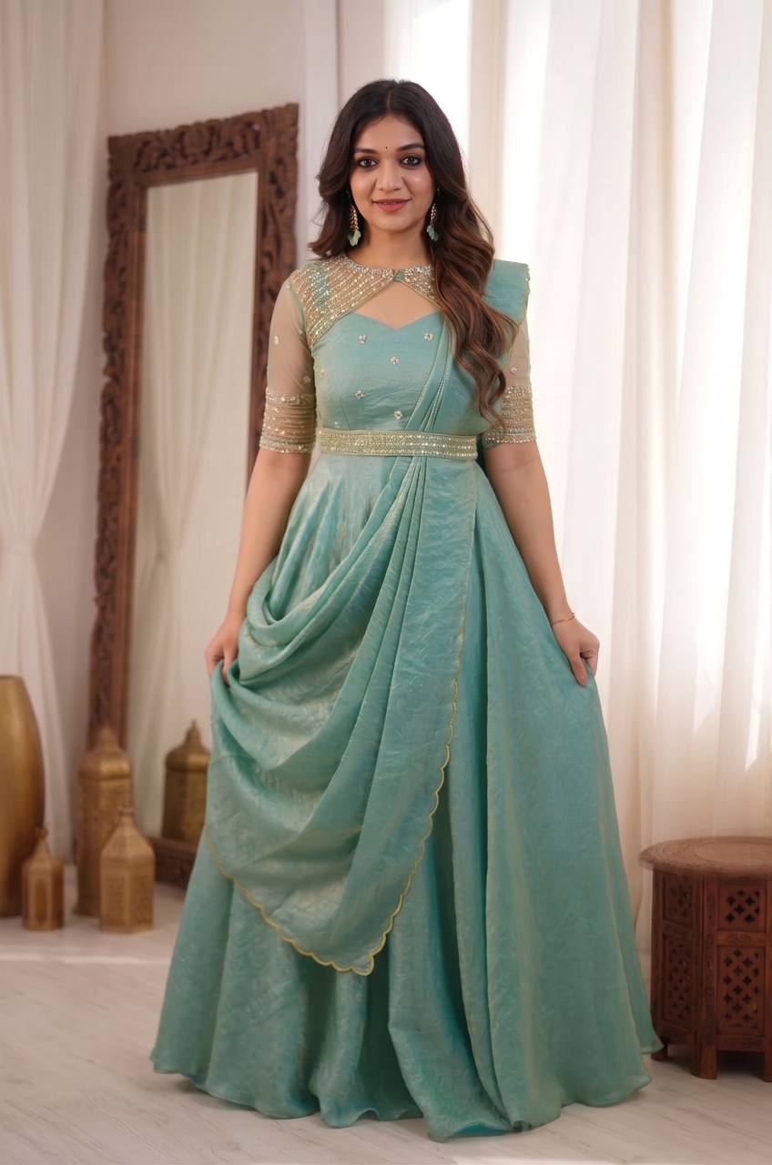 SEA GREEN 3 IN 1 STYLE EMBROIDERED FLARED GOWN