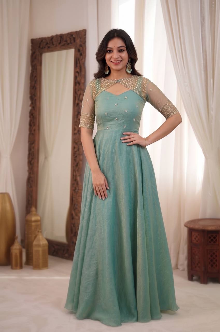 SEA GREEN 3 IN 1 STYLE EMBROIDERED FLARED GOWN