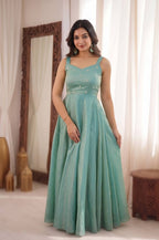 SEA GREEN 3 IN 1 STYLE EMBROIDERED FLARED GOWN