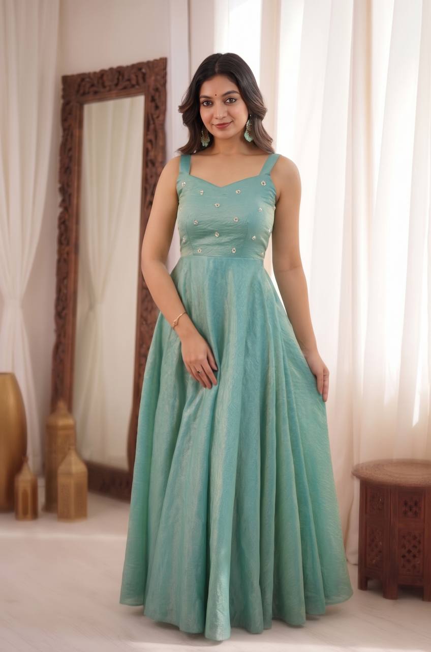 SEA GREEN 3 IN 1 STYLE EMBROIDERED FLARED GOWN