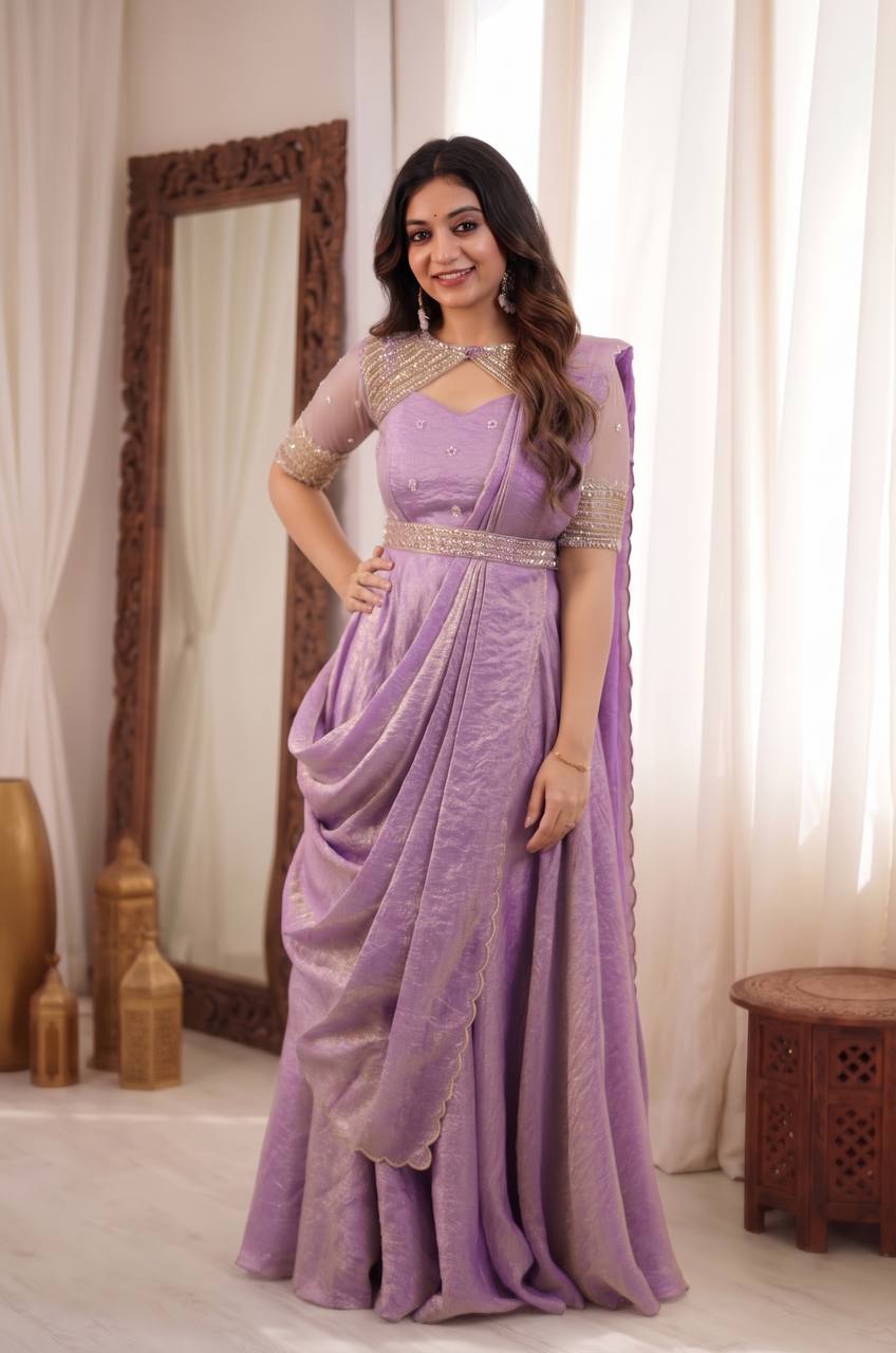 LAVENDER 3 IN 1 STYLE EMBROIDERED FLARED GOWN