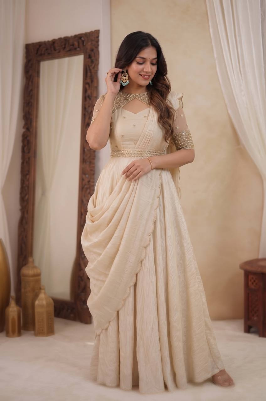 IVORY 3 IN 1 STYLE EMBROIDERED FLARED GOWN