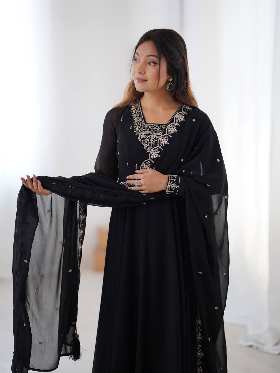 BLACK COLOR GEORGETTE EMBROIDERED ANARKALI SUIT SET OF 3