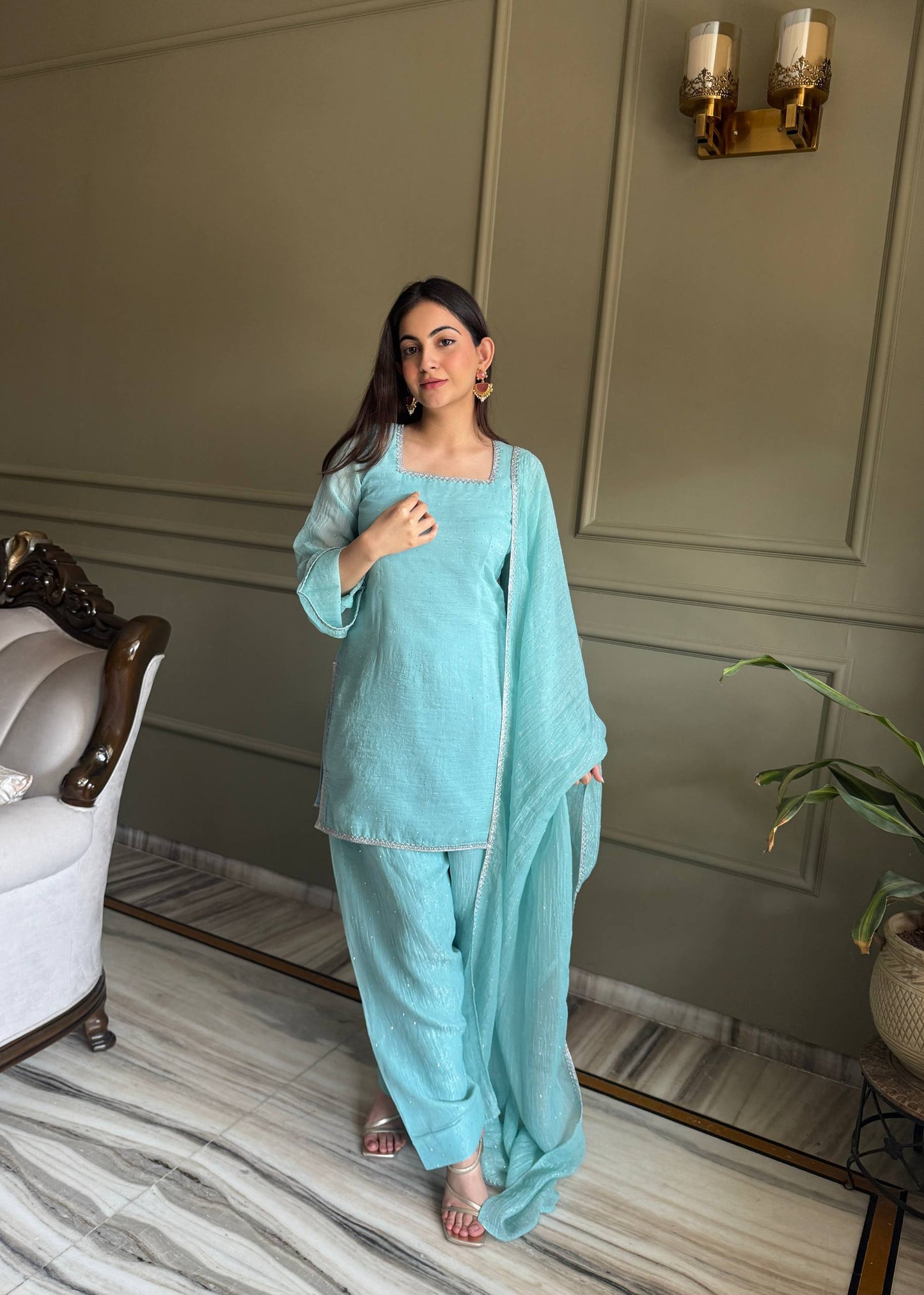 AQUAMARINE BLUE CRUNCHY SILK FARSI SALWAR SUIT