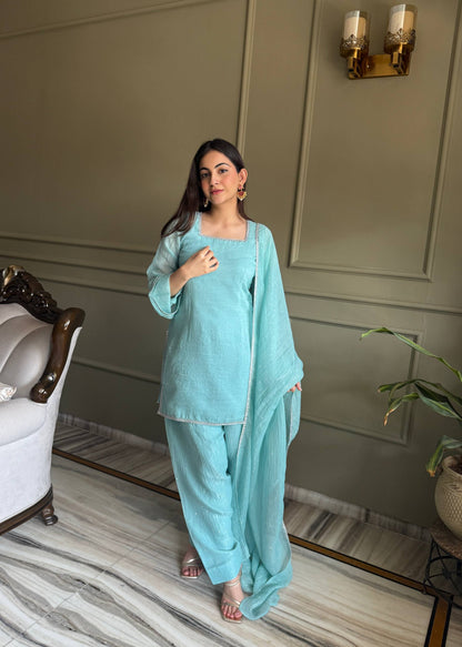 AQUAMARINE BLUE CRUNCHY SILK FARSI SALWAR SUIT