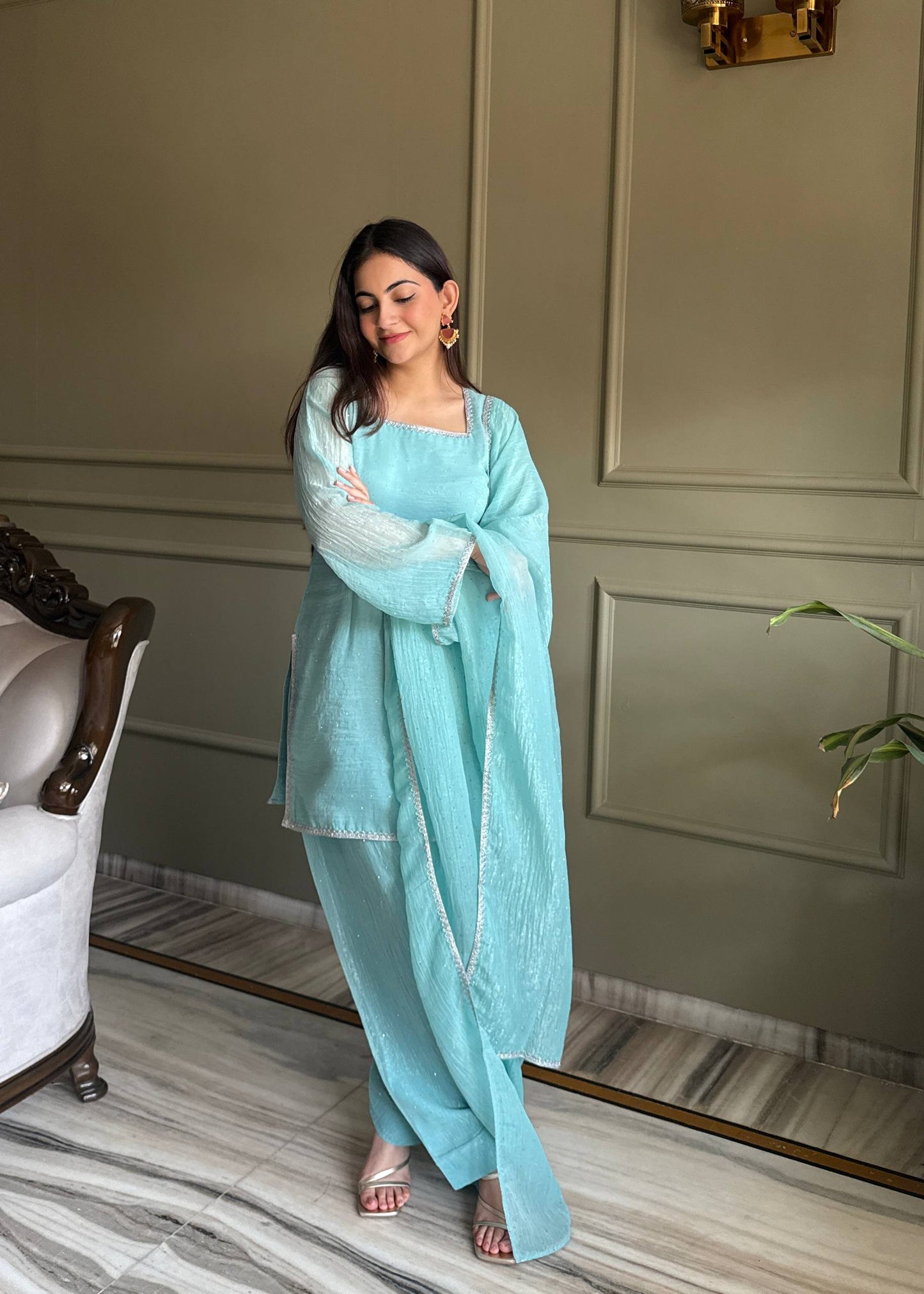 AQUAMARINE BLUE CRUNCHY SILK FARSI SALWAR SUIT