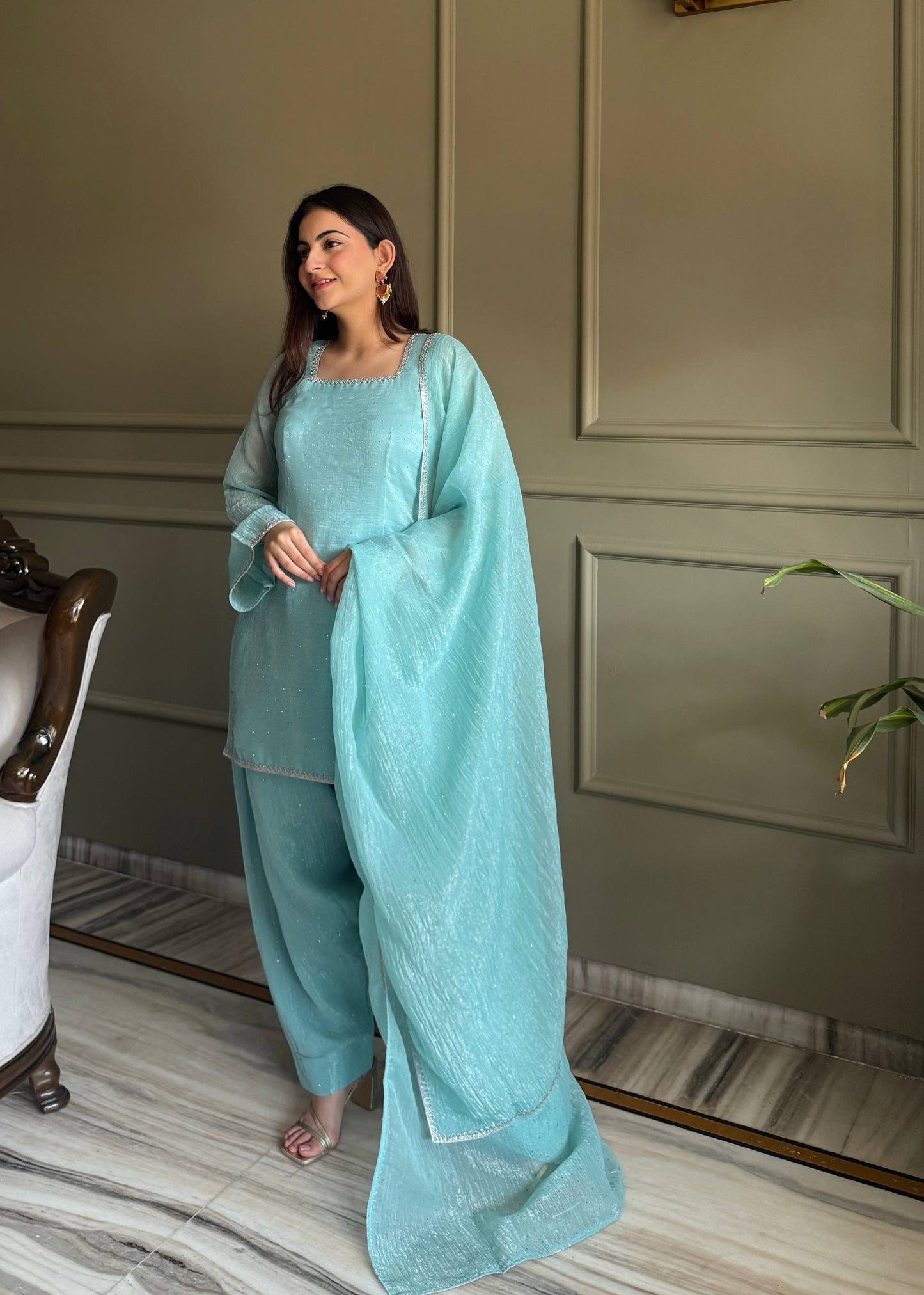 AQUAMARINE BLUE CRUNCHY SILK FARSI SALWAR SUIT
