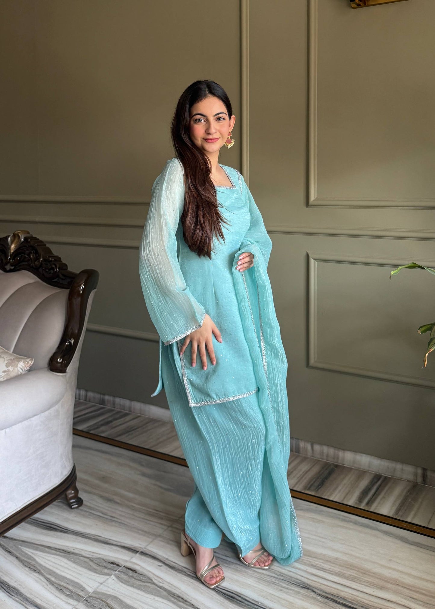 AQUAMARINE BLUE CRUNCHY SILK FARSI SALWAR SUIT