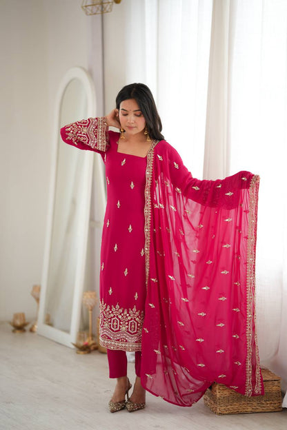 ROSE PINK HAND WORK & THREAD WORK GEORGETTE DESIGNER STRAIGHT SUIT SET