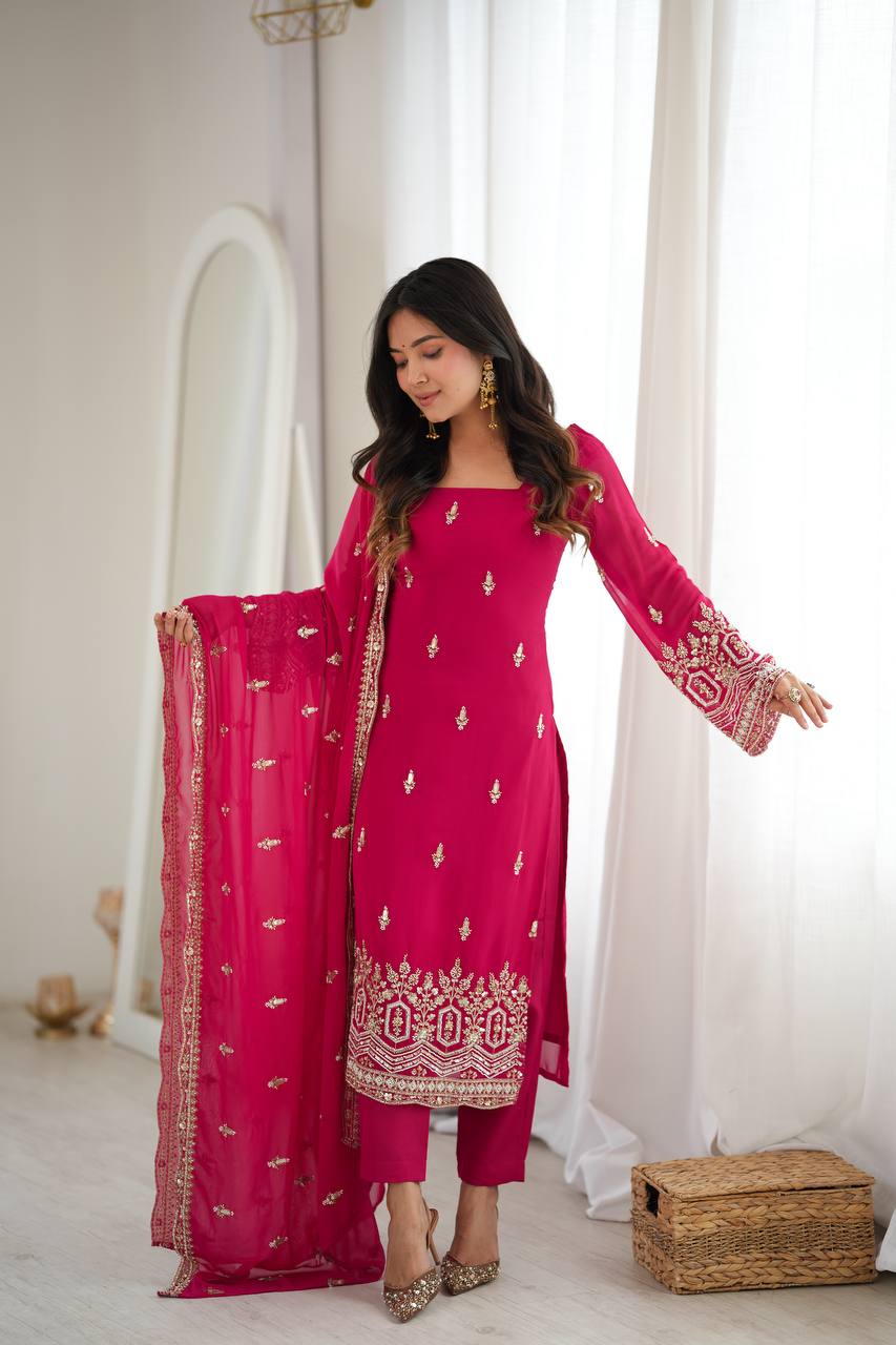 ROSE PINK HAND WORK & THREAD WORK GEORGETTE DESIGNER STRAIGHT SUIT SET