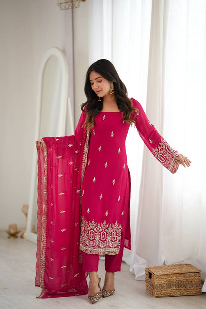 ROSE PINK HAND WORK & THREAD WORK GEORGETTE DESIGNER STRAIGHT SUIT SET