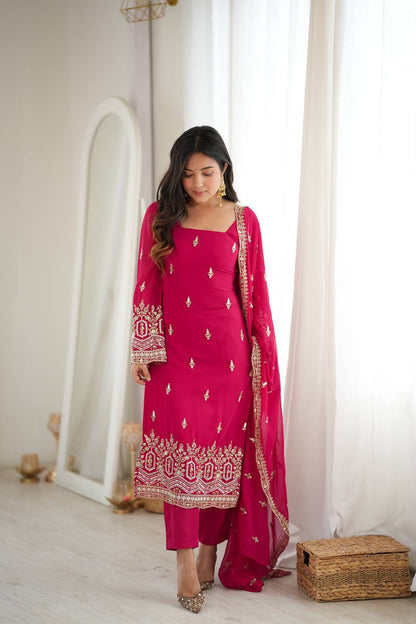ROSE PINK HAND WORK & THREAD WORK GEORGETTE DESIGNER STRAIGHT SUIT SET