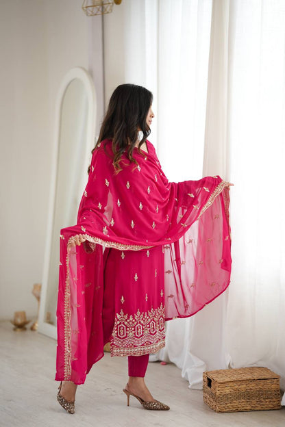 ROSE PINK HAND WORK & THREAD WORK GEORGETTE DESIGNER STRAIGHT SUIT SET