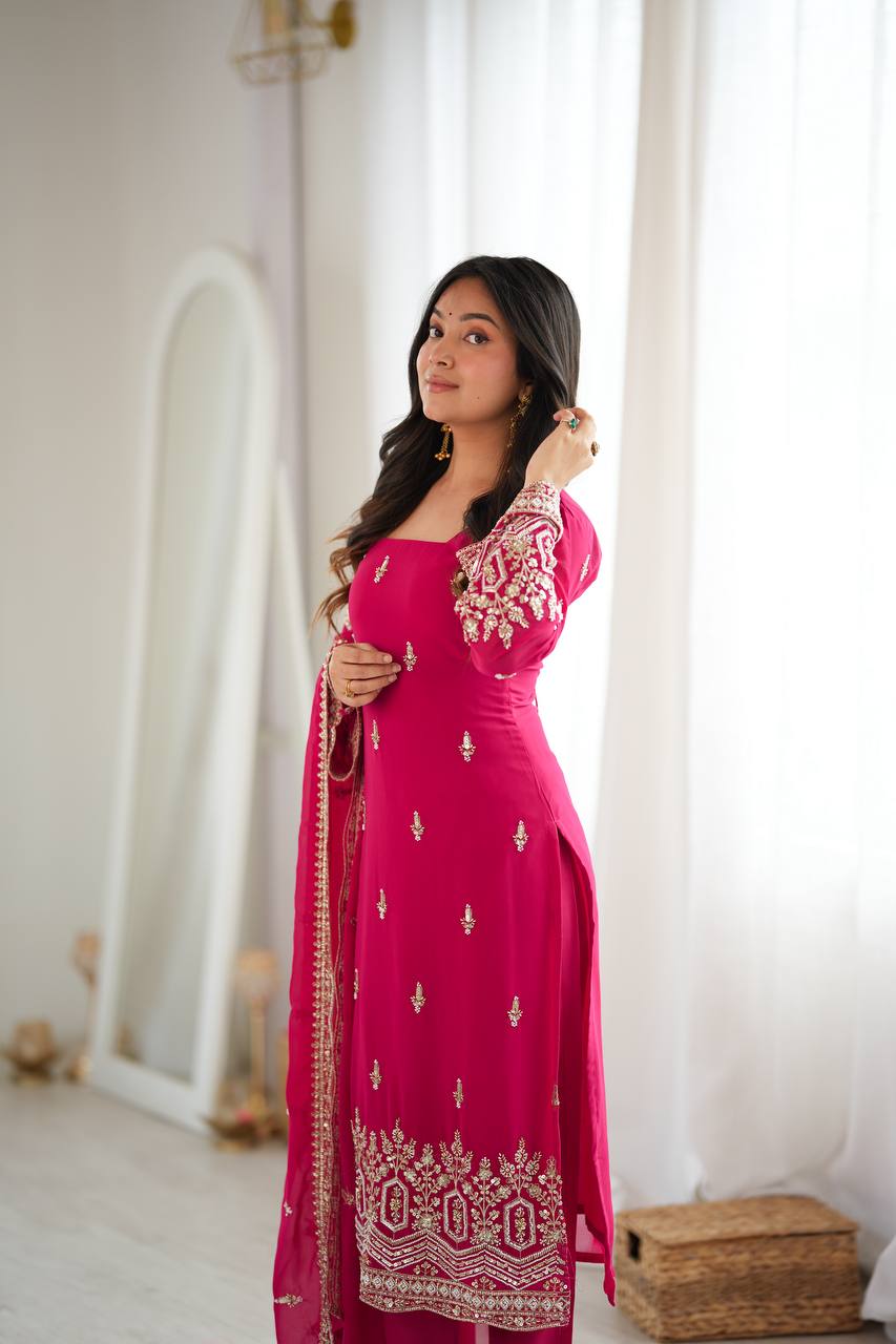 ROSE PINK HAND WORK & THREAD WORK GEORGETTE DESIGNER STRAIGHT SUIT SET