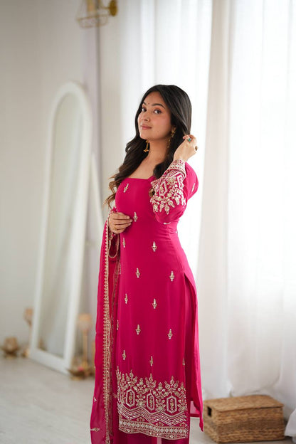 ROSE PINK HAND WORK & THREAD WORK GEORGETTE DESIGNER STRAIGHT SUIT SET