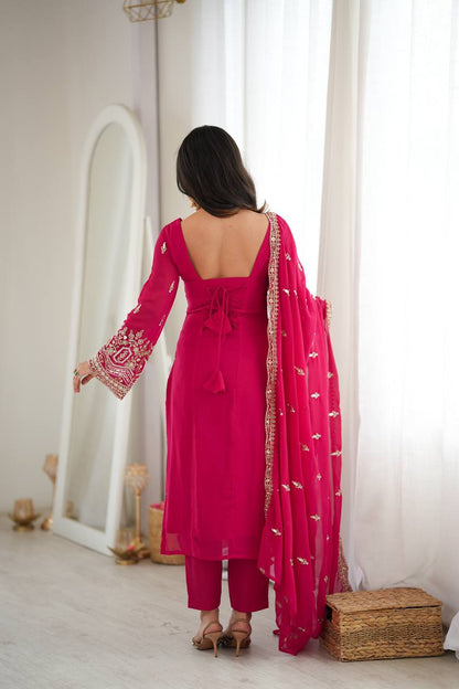 ROSE PINK HAND WORK & THREAD WORK GEORGETTE DESIGNER STRAIGHT SUIT SET