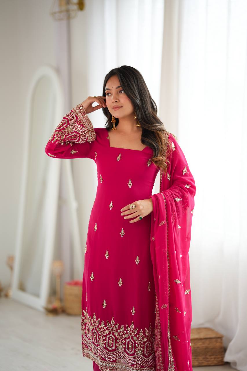 ROSE PINK HAND WORK & THREAD WORK GEORGETTE DESIGNER STRAIGHT SUIT SET