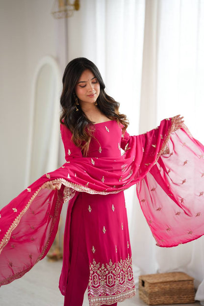 ROSE PINK HAND WORK & THREAD WORK GEORGETTE DESIGNER STRAIGHT SUIT SET