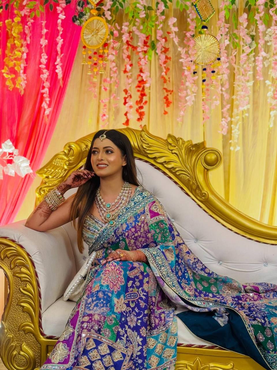 PREMIUM DESIGNER CHINNON SAREE WITH HAND MIRROR WORK