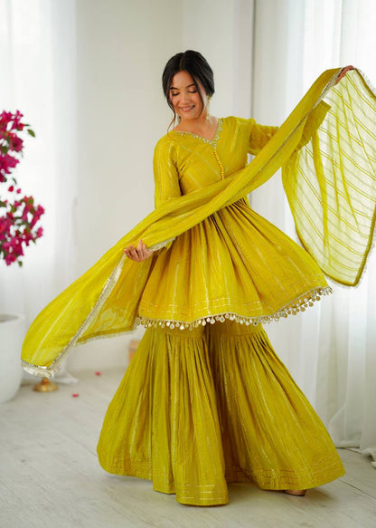 MUSTARD YELLOW MUL CHANDERI SILK REAL MIRROR & HADWORK SHARARA SET