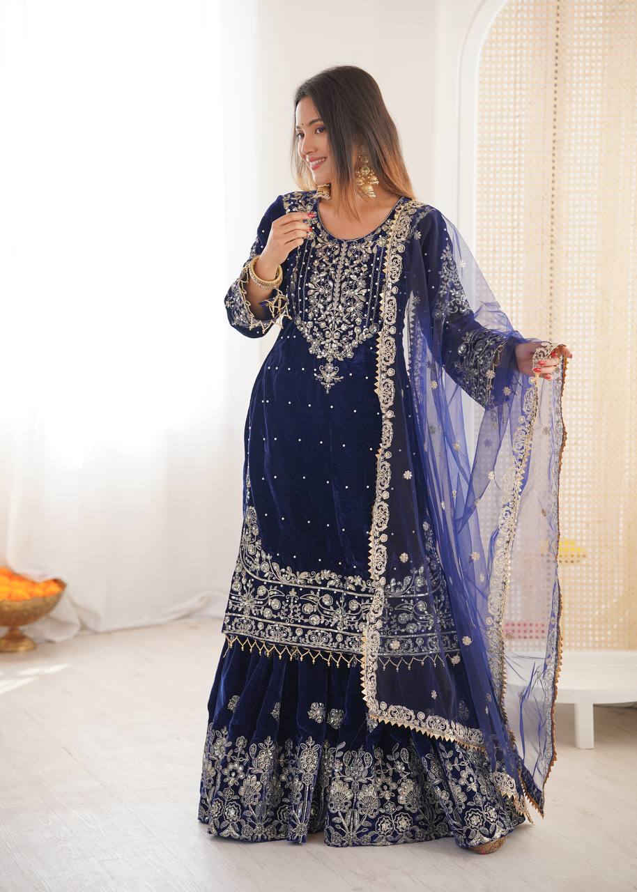 BLUE COLOR VISCOSE VELVET FESTIVAL WEAR EMBROIDERY WORK READYMADE SHARARA SUIT
