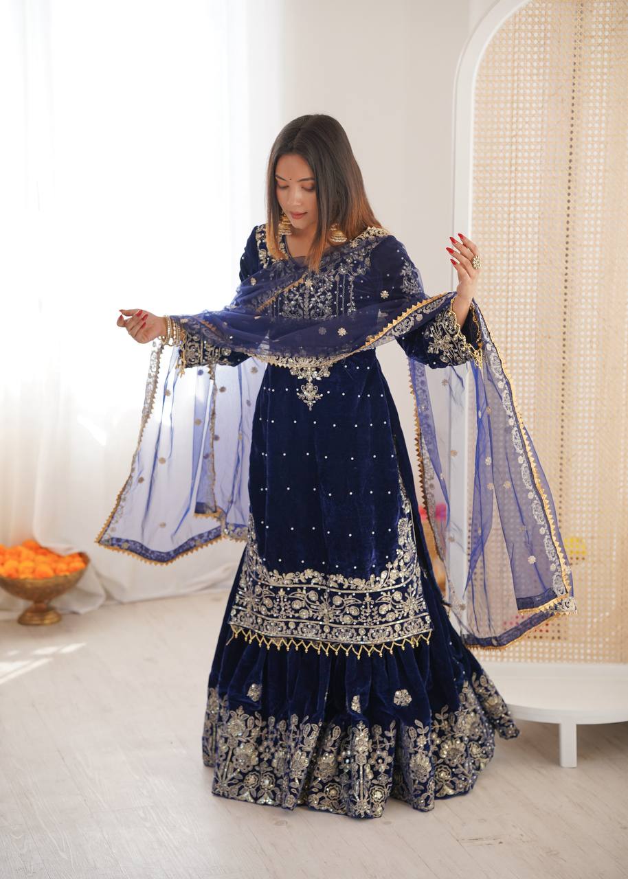 BLUE COLOR VISCOSE VELVET FESTIVAL WEAR EMBROIDERY WORK READYMADE SHARARA SUIT