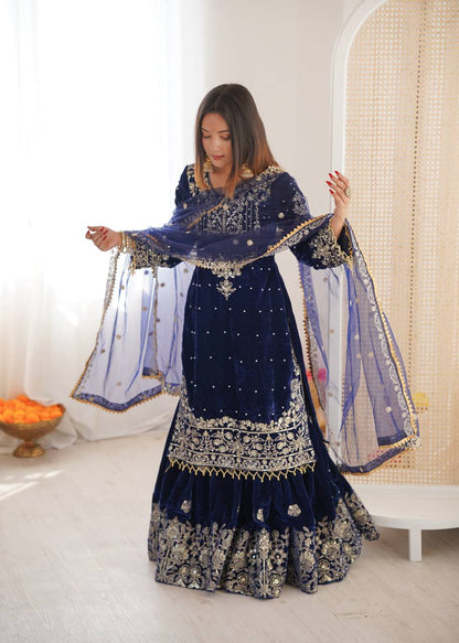 BLUE COLOR VISCOSE VELVET FESTIVAL WEAR EMBROIDERY WORK READYMADE SHARARA SUIT