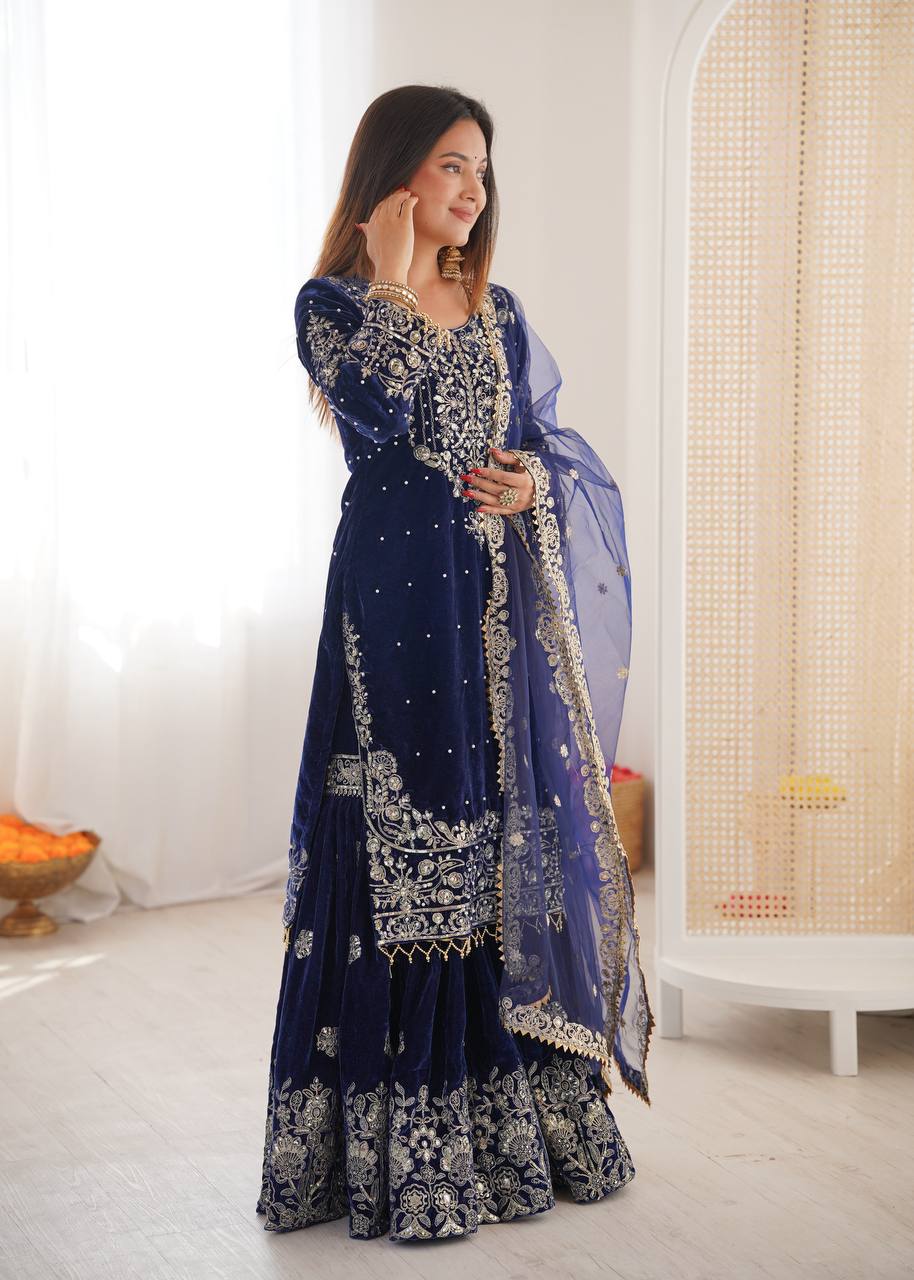 BLUE COLOR VISCOSE VELVET FESTIVAL WEAR EMBROIDERY WORK READYMADE SHARARA SUIT