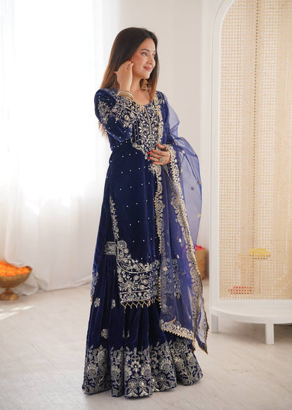 BLUE COLOR VISCOSE VELVET FESTIVAL WEAR EMBROIDERY WORK READYMADE SHARARA SUIT
